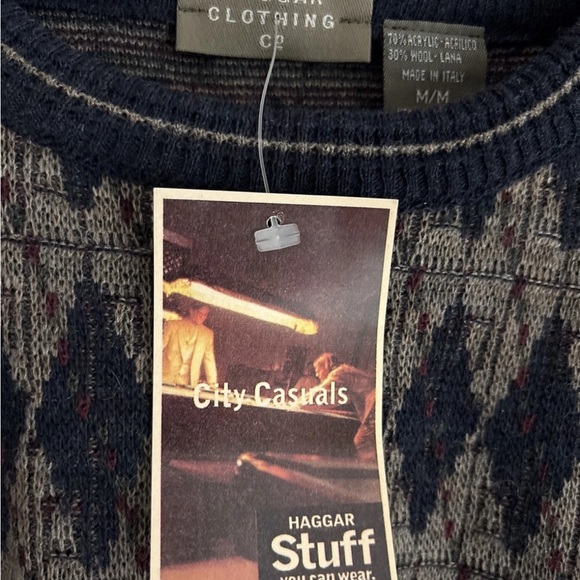 Haggar Men’s Geometric Sweater Wool Blend Grandpa Core Blue Tan Red - Picture 2 of 4